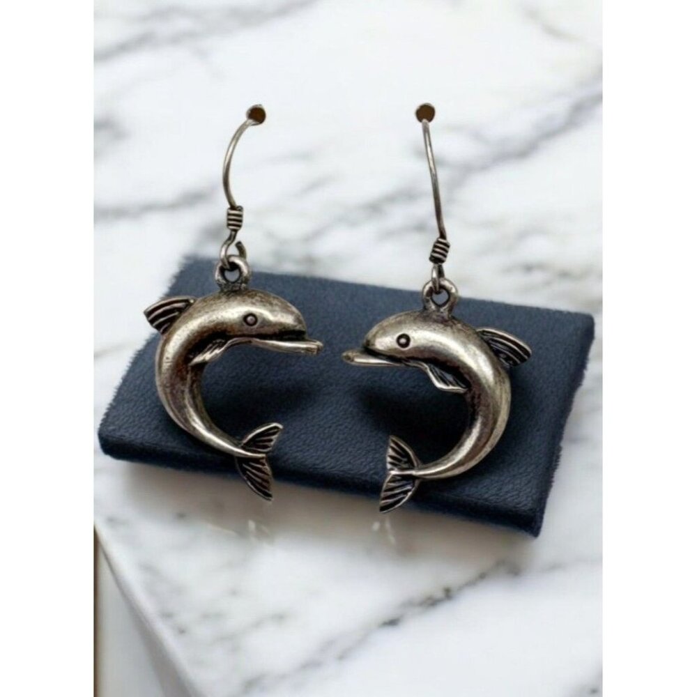 Vintage Sterling Silver Dolphin Dangle Earrings Beach Marine Fish 925